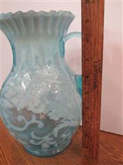 VINTAGE AQUA BLUE OPALESCENT ART GLASS FLOWER & LEAF RUFFLED/PLEATED RIM 9.5